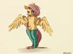 Size: 3800x2828 | Tagged: safe, artist:miokomata, derpibooru import, fluttershy, pegasus, semi-anthro, blushing, chest fluff, clothes, colored hooves, cute, daaaaaaaaaaaw, female, freckles, freckleshy, frog (hoof), image, jpeg, lidded eyes, mare, shyabetes, simple background, socks, solo, spread wings, stockings, thigh highs, underhoof, wings, yellow background