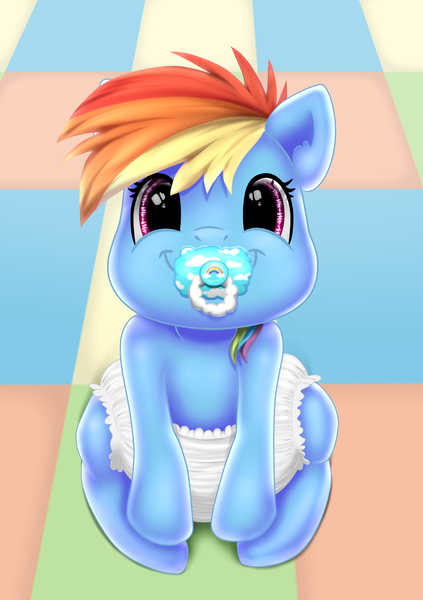 Size: 2000x2835 | Tagged: safe, artist:brightroom, derpibooru import, rainbow dash, pegasus, pony, commission, cute, diaper, female, filly, filly rainbow dash, image, looking at you, pacifier, png, smiling, smiling at you, solo, ych example, younger, your character here