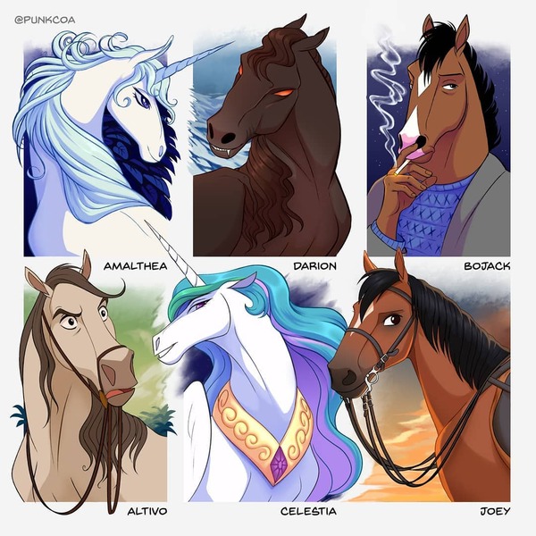 Size: 1080x1080 | Tagged: safe, artist:punkypants, derpibooru import, princess celestia, alicorn, horse, pony, unicorn, six fanarts, anthro with ponies, bojack horseman, bridle, bust, cigarette, clothes, crossover, female, harness, horn, image, jpeg, lady amalthea, male, mare, missing accessory, peytral, red eyes, smiling, smoking, tack, the last unicorn, the road to el dorado, war horse, wings