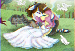 Size: 1596x1080 | Tagged: safe, artist:jvartes6112, derpibooru import, fluttershy, oc, alicorn, bird, pegasus, pony, alicorn oc, canon x oc, clothes, dress, eyes closed, female, horn, hug, image, makeup, male, mare, outdoors, png, sleeping, stallion, straight, tree, wedding dress, wings