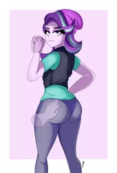 Size: 1500x2200 | Tagged: safe, artist:diamondgreenanimat0, derpibooru import, starlight glimmer, human, equestria girls, 2021, butt, butt touch, clothes, female, hand on butt, hips, humanized, image, inspiration, jacket, large butt, magic, panties, png, purple background, purple hair, redraw, seduction, shadow, shirt, simple background, solo, solo female, touching, underwear, watching