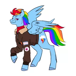 Size: 1280x1280 | Tagged: safe, artist:spartalabouche, derpibooru import, rainbow dash, pegasus, pony, the last problem, alternate design, alternate hairstyle, bomber jacket, clothes, damaged wing, eyebrows, female, image, jacket, mare, older, older rainbow dash, patch, patches, png, pride, pride flag, raised hoof, redesign, scuff mark, shorn fetlocks, shorter hair, simple background, solo, spread wings, standing, transgender pride flag, white background, wings