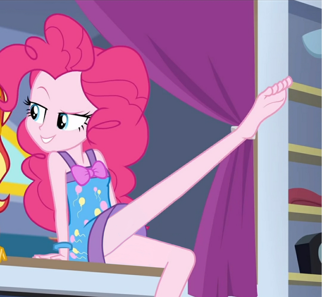 Size: 1080x996 | Tagged: suggestive, artist:twinet, derpibooru import, edit, edited screencap, screencap, pinkie pie, sunset shimmer, equestria girls, equestria girls series, sunset's backstage pass!, spoiler:eqg series (season 2), barefoot, bedroom eyes, bottomless, clothes, cropped, feet, female, females only, image, nightgown, out of context, partial nudity, png, sexy, sleeveless, sole, stupid sexy pinkie, wristband