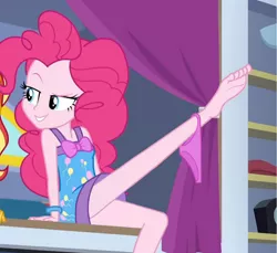 Size: 1080x991 | Tagged: suggestive, artist:twinet, derpibooru import, edit, edited screencap, screencap, pinkie pie, sunset shimmer, equestria girls, equestria girls series, sunset's backstage pass!, spoiler:eqg series (season 2), barefoot, bedroom eyes, bottomless, clothes, cropped, feet, female, females only, image, nightgown, out of context, panties, partial nudity, png, sexy, sleeveless, sole, stupid sexy pinkie, underwear, wristband