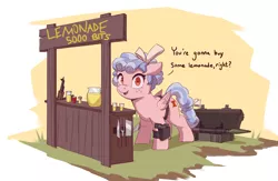 Size: 3476x2261 | Tagged: safe, artist:vanillaghosties, derpibooru import, cozy glow, pegasus, pony, bow, dialogue, female, filly, freckles, gun, hair bow, image, knife, lemonade stand, looking at you, newbie artist training grounds, open mouth, png, pure concentrated unfiltered evil of the utmost potency, pure unfiltered evil, rocket launcher, this will not end well, weapon