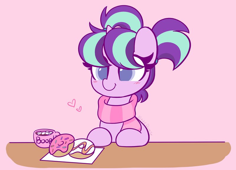 Size: 4096x2952 | Tagged: safe, artist:kittyrosie, derpibooru import, starlight glimmer, pony, unicorn, chocolate, clothes, colored pupils, cute, donut, female, filly, filly starlight glimmer, food, glimmerbetes, hot chocolate, image, jpeg, marshmallow, mug, pigtails, redraw, scarf, solo, younger