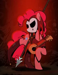 Size: 976x1256 | Tagged: safe, artist:diggerstrike, derpibooru import, pinkie pie, earth pony, pony, crossover, darkest dungeon, female, image, jester, lute, mare, mask, png, solo, spear, weapon