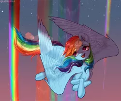 Size: 3000x2500 | Tagged: safe, artist:hakkerman, derpibooru import, rainbow dash, pegasus, pony, female, flying, high res, image, jpeg, mare, open mouth, rainbow, sky, solo, spread wings, stars, wings