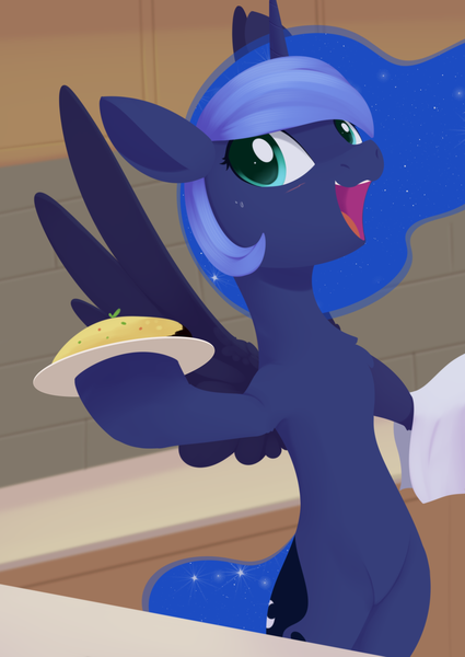 Size: 988x1394 | Tagged: safe, artist:dusthiel, derpibooru import, princess luna, alicorn, food, image, newbie artist training grounds, open mouth, png, scrambled eggs