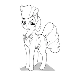 Size: 1600x1600 | Tagged: safe, artist:aquaticvibes, derpibooru import, cup cake, earth pony, pony, apron, atg 2021, black and white, clothes, ear piercing, earring, female, grayscale, image, jewelry, mare, monochrome, natg 2021, newbie artist training grounds, piercing, png, simple background, solo, standing, white background