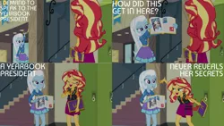 Size: 1280x720 | Tagged: safe, derpibooru import, edit, edited screencap, editor:quoterific, screencap, sunset shimmer, trixie, equestria girls, equestria girls series, forgotten friendship, clothes, cutie mark, cutie mark on clothes, duo, duo female, female, geode of empathy, hallway, image, jacket, jewelry, leather, leather jacket, lockers, magical geodes, necklace, open mouth, png, yearbook