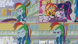 Size: 1280x720 | Tagged: safe, derpibooru import, edit, edited screencap, editor:quoterific, screencap, pinkie pie, rainbow dash, sci-twi, sunset shimmer, twilight sparkle, equestria girls, equestria girls series, holidays unwrapped, spoiler:eqg series (season 2), bowtie, clothes, cute, cutie mark, cutie mark on clothes, dashabetes, dashing through the mall, eyes closed, faceless female, female, geode of empathy, geode of super speed, geode of telekinesis, glasses, hallway, hoodie, image, jacket, jewelry, leather, leather jacket, magical geodes, mobile phone, necklace, offscreen character, open mouth, phone, png, ponytail, smartphone, tanktop