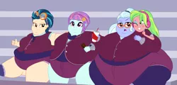 Size: 3000x1440 | Tagged: safe, artist:neongothic, derpibooru import, indigo zap, lemon zest, sugarcoat, sunny flare, equestria girls, bbw, belly, big belly, breasts, chubby cheeks, clothes, crystal prep academy uniform, double chin, fat, fat boobs, fat fetish, fetish, image, indigo zapped, morbidly obese, obese, png, school uniform, ssbbw, story included, sugarcream, sunny fat, weight gain