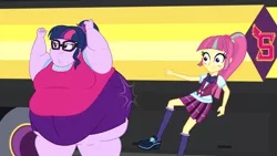 Size: 2560x1440 | Tagged: safe, artist:neongothic, derpibooru import, sci-twi, sour sweet, twilight sparkle, equestria girls, belly, big belly, bingo wings, breasts, butt, chubby cheeks, clothes, crystal prep academy uniform, double chin, fat, fat ass, fat boobs, fat fetish, fetish, image, large butt, png, school uniform, story included, thighs, thunder thighs, twilard sparkle