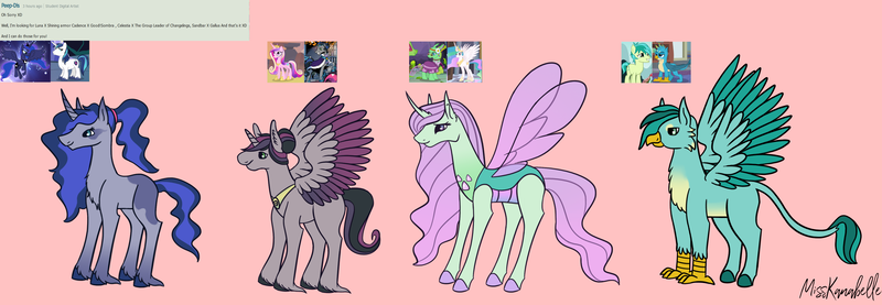Size: 3296x1143 | Tagged: safe, artist:misskanabelle, derpibooru import, free love (changedling), gallus, king sombra, princess cadance, princess celestia, princess luna, sandbar, shining armor, oc, unofficial characters only, alicorn, changedling, changeling, gryphon, pony, unicorn, alicorn oc, changedling oc, changeling oc, crack ship offspring, female, good king sombra, griffon oc, horn, image, magical gay spawn, male, mare, offspring, parent:gallus, parent:king sombra, parent:princess cadance, parent:princess celestia, parent:sandbar, parents:shiningluna, parents:somdance, pink background, png, screencap reference, signature, simple background, stallion, unicorn oc, wings