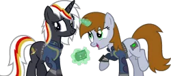 Size: 1385x616 | Tagged: safe, artist:pegasski, derpibooru import, oc, oc:littlepip, oc:velvet remedy, unofficial characters only, pony, unicorn, fallout equestria, base used, clothes, duo, eyelashes, female, glowing horn, horn, image, magic, mare, open mouth, png, raised hoof, simple background, smiling, telekinesis, transparent background, unicorn oc