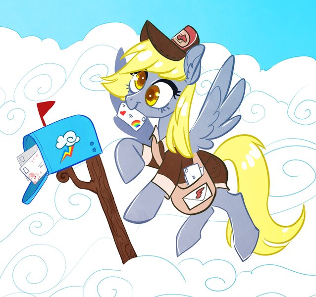 Size: 1745x1642 | Tagged: safe, artist:opalacorn, derpibooru import, derpy hooves, pegasus, pony, cloud, ear fluff, image, jpeg, letter, mailbag, mailbox, mailmare, mailmare uniform, mouth hold, solo