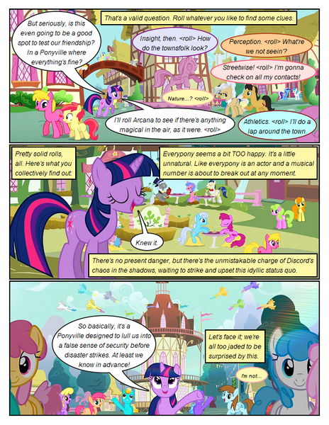 Size: 612x792 | Tagged: safe, artist:newbiespud, derpibooru import, edit, edited screencap, screencap, carrot top, golden harvest, lightning bolt, twilight sparkle, white lightning, pegasus, pony, unicorn, comic:friendship is dragons, magical mystery cure, background pony, building, comic, dialogue, eyelashes, female, image, implied applejack, implied fluttershy, implied rainbow dash, implied rarity, male, mare, morning in ponyville, open mouth, outdoors, png, raised hoof, screencap comic, smiling, stallion, unicorn twilight, waving