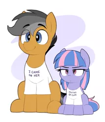 Size: 1324x1546 | Tagged: suggestive, artist:shinodage, ponybooru import, quibble pants, wind sprint, earth pony, pegasus, pony, clothes, female, filly, image, implied foalcon, male, png, shirt, sitting, stallion, unamused, underage, wind sprint is not amused