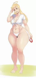 Size: 1268x2679 | Tagged: suggestive, artist:sundown, derpibooru import, applejack, human, abs, applebucking thighs, barefoot, belly button, clothes, feet, female, freckles, humanized, image, jpeg, looking at you, loose hair, medium breasts, open mouth, panties, scrunchie, solo, solo female, thong, underwear, wide hips
