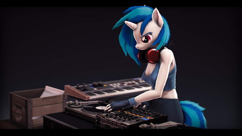 Size: 9216x5184 | Tagged: safe, artist:imafutureguitarhero, derpibooru import, vinyl scratch, anthro, unicorn, 3d, absurd file size, absurd resolution, arm fluff, armband, black bars, body fluff, box, breasts, chromatic aberration, cleavage, clothes, colored eyebrows, colored eyelashes, crate, ear fluff, female, film grain, fingerless gloves, fluffy, fur, gloves, headphones, horn, image, jpeg, keyboard, leather gloves, midriff, musical instrument, pants, record, record player, revamped anthros, revamped ponies, signature, simple background, smiling, solo, source filmmaker, synthesizer, tanktop, turntable