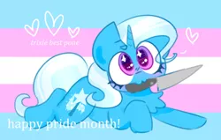 Size: 988x627 | Tagged: safe, artist:cutecandycane, derpibooru import, trixie, pony, unicorn, cute, female, headcanon, heart, image, knife, mare, mouth hold, mouthpiece, png, pride, pride flag, pride month, trans female, trans trixie, transgender, transgender pride flag