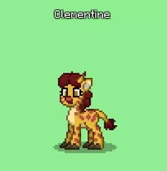 Size: 305x314 | Tagged: safe, derpibooru import, clementine, giraffe, pony, pony town, black tongue, cloven hooves, green background, happy, image, pixel art, png, simple background, solo