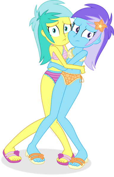 Size: 3678x5697 | Tagged: safe, artist:grapefruitface1, artist:thatusualguy06, derpibooru import, diamond mint, lemony gem, equestria girls, :t, awkward, base used, belly button, bikini, breasts, cleavage, clothes, duo, duo female, equestria girls-ified, female, flower, flower in hair, high res, hug, image, legs together, png, polka dot underwear, sandals, simple background, striped underwear, swimsuit, transparent background, underwear, vector