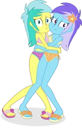 Size: 3678x5697 | Tagged: safe, artist:grapefruitface1, artist:thatusualguy06, derpibooru import, diamond mint, lemony gem, equestria girls, :t, awkward, base used, belly button, bikini, breasts, cleavage, clothes, duo, duo female, equestria girls-ified, female, flower, flower in hair, high res, hug, image, legs together, png, polka dot underwear, sandals, simple background, striped underwear, swimsuit, transparent background, underwear, vector