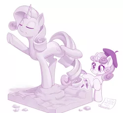 Size: 1280x1183 | Tagged: safe, artist:dstears, derpibooru import, rarity, sweetie belle, pony, unicorn, craft, eyes closed, glowing horn, horn, image, jpeg, newbie artist training grounds, sculpture, statue