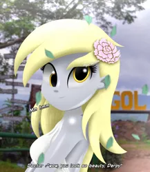 Size: 2000x2300 | Tagged: safe, artist:aryatheeditor, derpibooru import, derpy hooves, doctor whooves, time turner, equestria girls, bare shoulders, beautiful, beautisexy, breasts, clothes, cute, dress, flower, flower in hair, image, indonesia, irl, jpeg, leaves, looking at you, male, male pov, offscreen character, offscreen male, photo, pov, shiny, sleeveless, sleeveless dress, sleeveless turtleneck, smiling, smiling at you