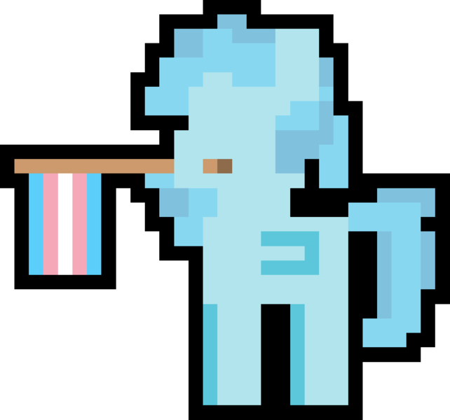 Size: 1000x935 | Tagged: safe, artist:switcharoo, derpibooru import, oc, oc:ice cube, unofficial characters only, pegasus, pony, female, flag, holding a flag, image, mare, mouth hold, pegasus oc, pixel art, pixl pony, png, pride, pride flag, simple background, transgender, transgender pride flag, transparent background, wings