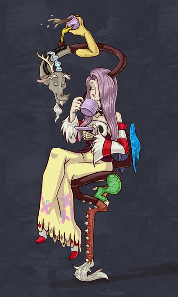Size: 599x995 | Tagged: safe, artist:kazachokolate, derpibooru import, discord, fluttershy, draconequus, human, leviathan, clothes, crossover, dress, drinking, fangs, female, food, humanized, image, male, png, skullgirls, squigly, tea