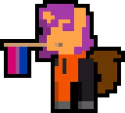 Size: 1000x906 | Tagged: safe, artist:switcharoo, derpibooru import, oc, unofficial characters only, pony, unicorn, bisexual, bisexual pride flag, clothes, female, flag, holding a flag, hoodie, horn, image, mare, mouth hold, pants, pixel art, pixl pony, png, pride, pride flag, shoes, simple background, transparent background, trousers, unicorn oc