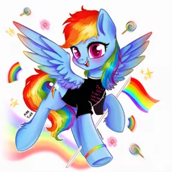 Size: 2048x2048 | Tagged: safe, artist:meqiopeach, derpibooru import, rainbow dash, pegasus, pony, big eyes, blushing, clothes, colored wings, cute, dashabetes, emoji, flag, fluffy, gay, happy, image, looking at you, male, messy mane, multicolored wings, png, pride, pride flag, pride month, proud, rainbow, rainbow wings, shirt, smiling, smiling at you, solo, spread wings, wings