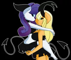 Size: 4700x4000 | Tagged: suggestive, artist:caoscore, derpibooru import, applejack, rarity, anthro, plantigrade anthro, black sclera, clothes, demon horns, demon tail, demonized, female, image, lesbian, looking at each other, png, rarijack, shipping, skirt