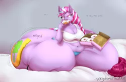 Size: 4300x2823 | Tagged: suggestive, alternate version, artist:blues64, artist:lesang, derpibooru import, oc, oc:drama queen, unofficial characters only, anthro, earth pony, unguligrade anthro, bed, belly button, breasts, butt expansion, chubby, clothes, commission, dialogue, digital art, donut, eating, expansion, fat, female, food, fun paste, growth, hip expansion, image, kneeling, morbidly obese, obese, panties, png, shirt, solo, solo female, tail, text, the ass was fat, thigh expansion, thighs, thunder thighs, torn panties, underwear, wardrobe malfunction, weight gain, wide load
