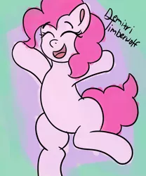 Size: 3000x3600 | Tagged: safe, artist:demitri, derpibooru import, pinkie pie, earth pony, pony, belly, eyes closed, female, image, jpeg, jumping, mare, newbie artist training grounds, open mouth, signature, smiling, solo