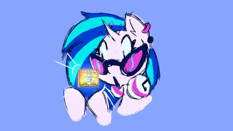 Size: 1493x842 | Tagged: safe, artist:juniibugart, derpibooru import, vinyl scratch, pony, unicorn, blue background, crazy frog, ear piercing, female, headphones, image, jpeg, mare, meme, open mouth, piercing, simple background, solo