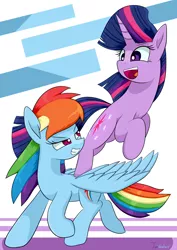 Size: 2480x3507 | Tagged: safe, artist:twidasher, derpibooru import, rainbow dash, twilight sparkle, pegasus, pony, unicorn, duo, female, grin, image, lesbian, open mouth, png, shipping, signature, smiling, twidash, unicorn twilight