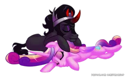 Size: 1280x796 | Tagged: safe, artist:dubbledammit, derpibooru import, king sombra, princess cadance, alicorn, pony, umbrum, unicorn, crown, eyes closed, female, image, infidelity, jewelry, lying down, lying on top of someone, male, missing accessory, png, regalia, shipping, simple background, somdance, straight, transparent background