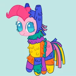 Size: 2048x2048 | Tagged: safe, artist:omelettepony, derpibooru import, pinkie pie, earth pony, pony, sparkle's seven, blue background, cute, diapinkes, female, high res, image, jpeg, mare, no pupils, pinkñata, piñata, simple background, solo