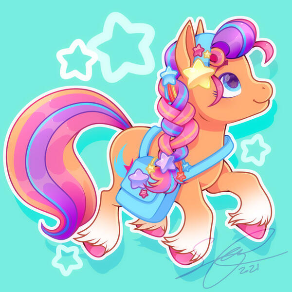 Size: 1000x1000 | Tagged: safe, artist:theroyalprincesses, derpibooru import, sunny starscout, earth pony, pony, abstract background, bag, blue background, braid, coat markings, female, g5, hoof fluff, image, jpeg, mare, signature, simple background, smiling, socks (coat marking), solo, starry eyes, stars, unshorn fetlocks, wingding eyes