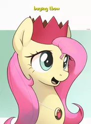 Size: 1655x2266 | Tagged: safe, artist:nookprint, derpibooru import, fluttershy, pony, bust, crossover, female, hat, image, jewelry, mare, necklace, open mouth, party hat, png, portrait, runescape, smiling, solo, three quarter view