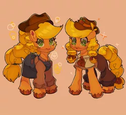 Size: 1388x1270 | Tagged: safe, artist:juliana1arts, derpibooru import, applejack, earth pony, pony, alternate hairstyle, apron, braid, braided pigtails, braided tail, clothes, cute, duality, female, image, jackabetes, jpeg, mare, solo, unshorn fetlocks