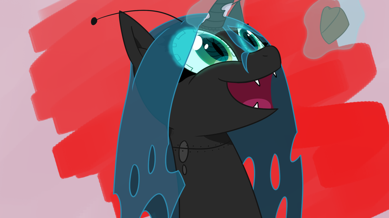 Size: 1920x1080 | Tagged: safe, artist:sodapop200, derpibooru import, queen chrysalis, changeling, robot, eyes open, fangs, horn, image, png, robot changeling, solo