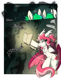 Size: 2850x3600 | Tagged: safe, artist:bbsartboutique, derpibooru import, oc, oc:blood moon, oc:cloud skipper, oc:sky rider, unofficial characters only, bat pony, pegasus, pony, comic:home is where the haunt is, angry, backpack, bat pony oc, bat wings, book, comic, dialogue, female, high res, image, mare, monster, pegasus oc, png, text, twins, wings