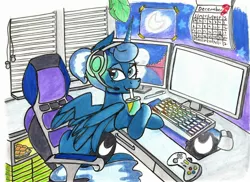Size: 2340x1700 | Tagged: safe, artist:starpaintart, derpibooru import, princess luna, alicorn, pony, gamer luna, calendar, chair, computer, computer mouse, computer screen, controller, crossed hooves, desk, drink, drinking, female, food, headset, image, jpeg, keyboard, looking at you, mare, microwave, pizza rolls, sitting, solo, traditional art