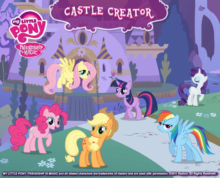 Size: 1275x1031 | Tagged: safe, derpibooru import, official, applejack, fluttershy, pinkie pie, rainbow dash, rarity, twilight sparkle, earth pony, pegasus, pony, unicorn, castle, castle creator, flying, image, looking at you, mane six, needs more jpeg, png, spread wings, standing, title card, unicorn twilight, wings