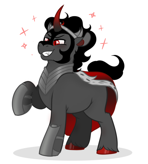 Size: 500x555 | Tagged: safe, artist:bubaiuv, king sombra, pony, unicorn, chubby, colored hooves, fangs, grin, image, male, png, raised hoof, simple background, smiling, solo, sombra's cape, sparkles, stallion, transparent background, unshorn fetlocks